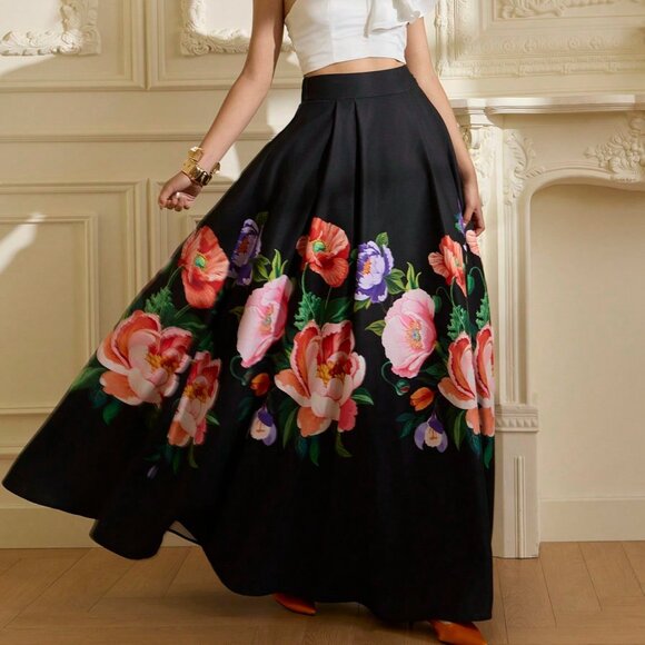 MODA ME COUTURE Dresses & Skirts - Black Elegant Women's Waist-Accented Patchwork A-Line Satin Skirt